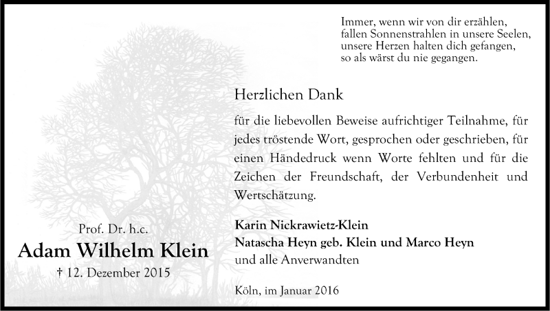 Traueranzeige für Adam Wilhelm Klein vom 16.01.2016 aus Kölner Stadt-Anzeiger / Kölnische Rundschau / Express
