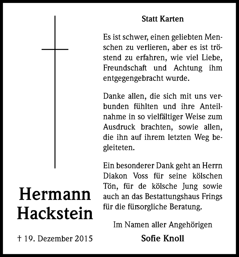  Traueranzeige für Hermann Hackstein vom 13.01.2016 aus Kölner Stadt-Anzeiger / Kölnische Rundschau / Express