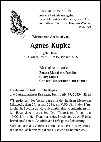Anzeige von Agnes Kupka von Kölner Stadt-Anzeiger / Kölnische Rundschau / Express