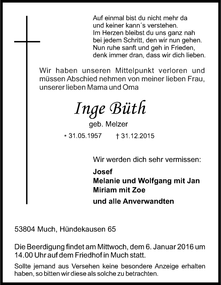  Traueranzeige für Inge Büth vom 04.01.2016 aus Kölner Stadt-Anzeiger / Kölnische Rundschau / Express