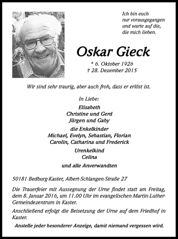 Anzeige von Oskar Gieck von Kölner Stadt-Anzeiger / Kölnische Rundschau / Express