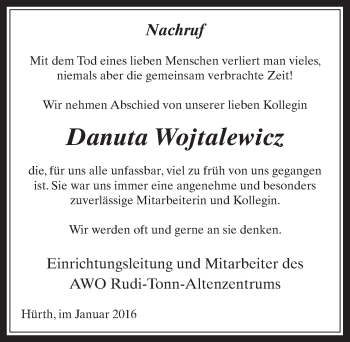 Anzeige von Danuta Wojtalewicz von  Wochenende 