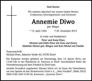 Anzeige von Annemie Diwo von Kölner Stadt-Anzeiger / Kölnische Rundschau / Express