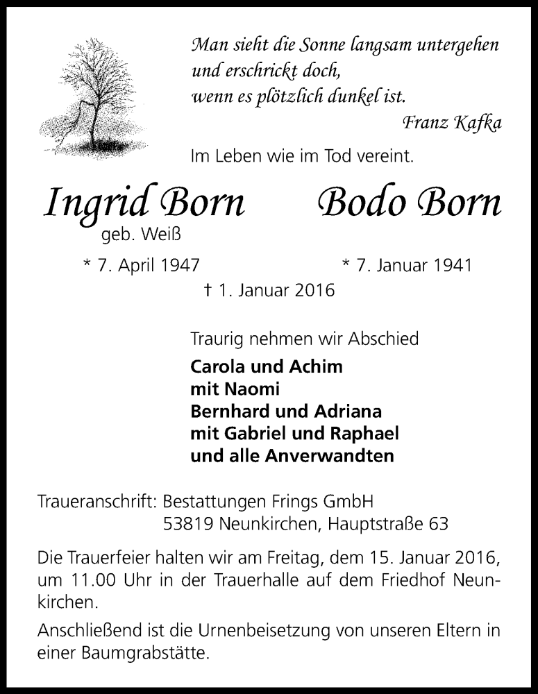  Traueranzeige für Ingrid und Bodo Born vom 08.01.2016 aus Kölner Stadt-Anzeiger / Kölnische Rundschau / Express