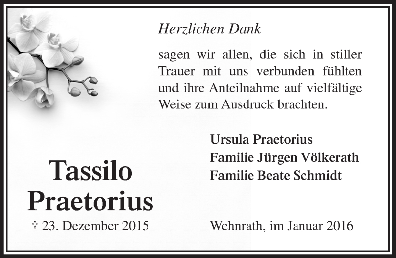  Traueranzeige für Tassilo Praetorius vom 27.01.2016 aus  Anzeigen Echo 