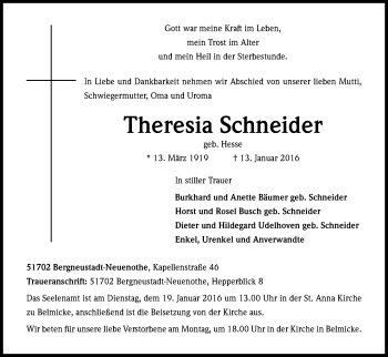 Anzeige von Theresia Schneider von Kölner Stadt-Anzeiger / Kölnische Rundschau / Express