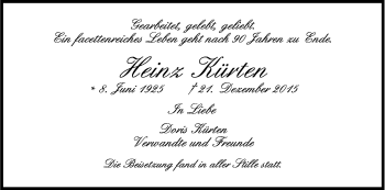 Anzeige von Heinz Kürten von Kölner Stadt-Anzeiger / Kölnische Rundschau / Express