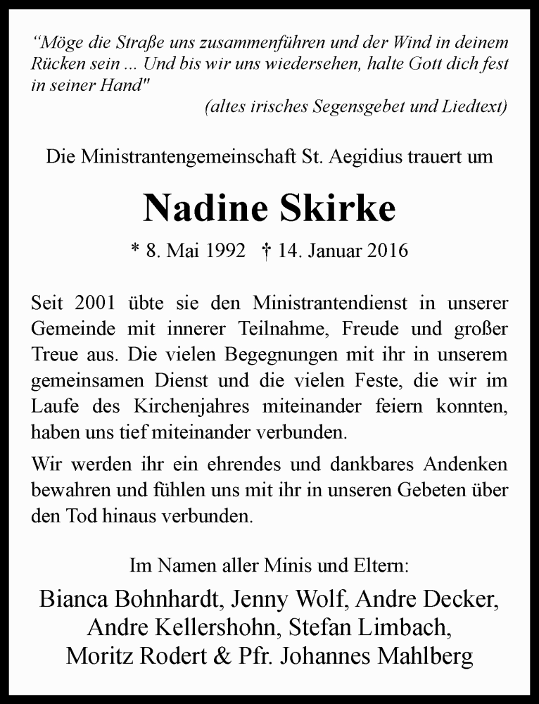  Traueranzeige für Nadine Skirke vom 27.01.2016 aus  Kölner Wochenspiegel 