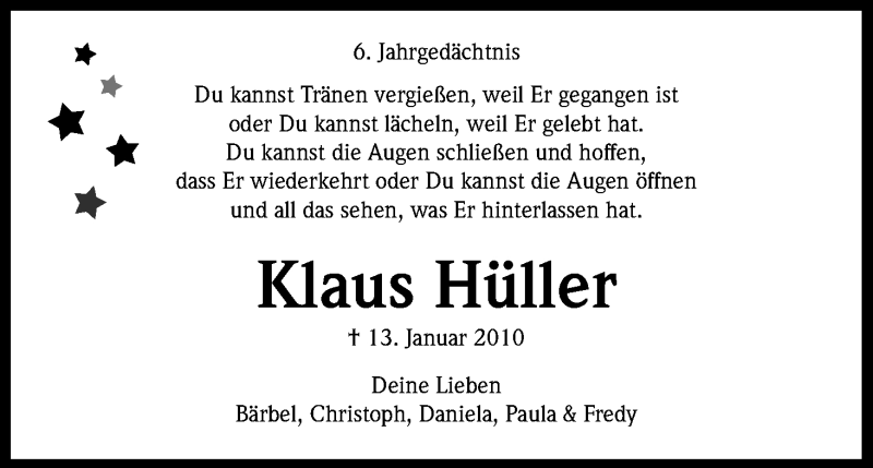  Traueranzeige für Klaus Hüller vom 13.01.2016 aus Kölner Stadt-Anzeiger / Kölnische Rundschau / Express