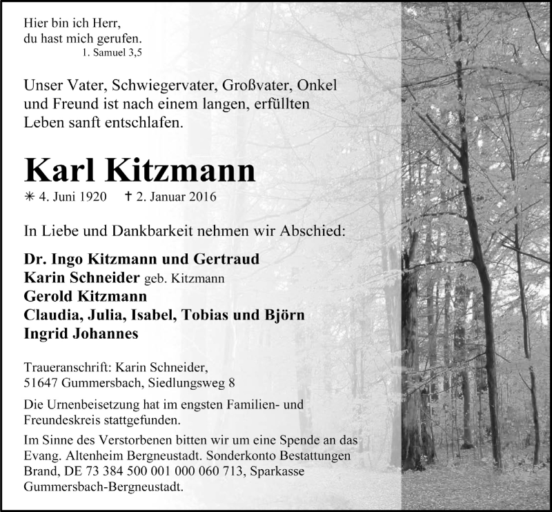  Traueranzeige für Karl Kitzmann vom 20.01.2016 aus  Anzeigen Echo 
