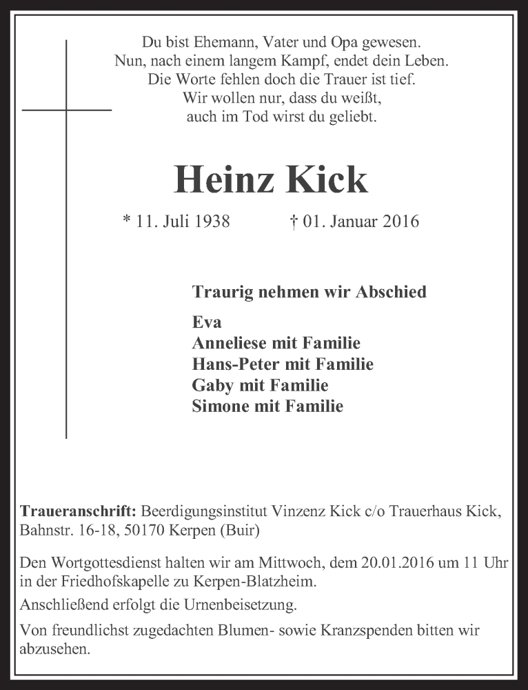  Traueranzeige für Heinz Kick vom 13.01.2016 aus  Werbepost 
