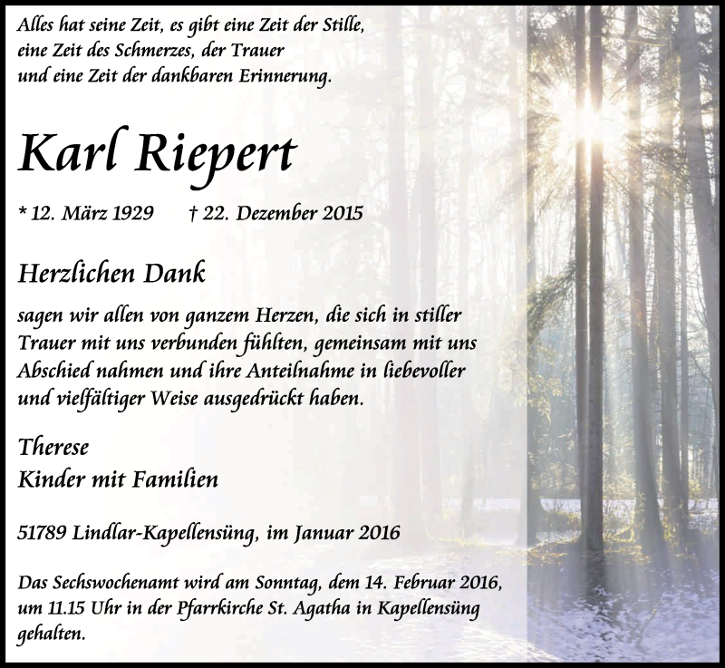  Traueranzeige für Karl Riepert vom 30.01.2016 aus Kölner Stadt-Anzeiger / Kölnische Rundschau / Express