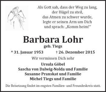 Anzeige von Barbara Lohr von  Kölner Wochenspiegel 