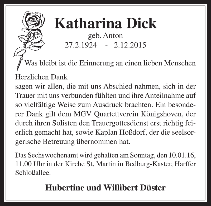  Traueranzeige für Katharina Dick vom 06.01.2016 aus  Werbepost 