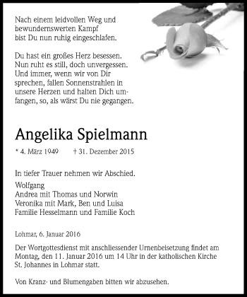 Anzeige von Angelika Spielmann von Kölner Stadt-Anzeiger / Kölnische Rundschau / Express