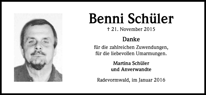  Traueranzeige für Benni Schüler vom 09.01.2016 aus Kölner Stadt-Anzeiger / Kölnische Rundschau / Express