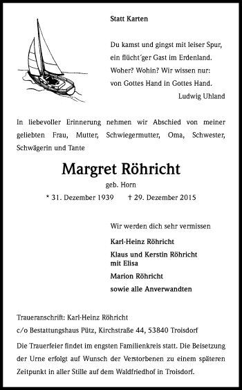 Anzeige von Margret Röhricht von Kölner Stadt-Anzeiger / Kölnische Rundschau / Express