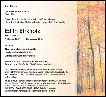Anzeige von Edith Birkholz von Kölner Stadt-Anzeiger / Kölnische Rundschau / Express