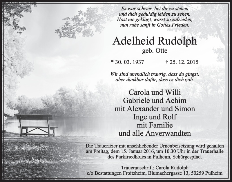  Traueranzeige für Adelheid Rudolph vom 02.01.2016 aus  Sonntags-Post 