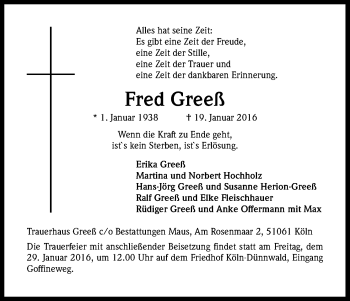 Anzeige von Fred Greeß von Kölner Stadt-Anzeiger / Kölnische Rundschau / Express