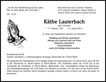 Anzeige von Käthe Lauterbach von Kölner Stadt-Anzeiger / Kölnische Rundschau / Express