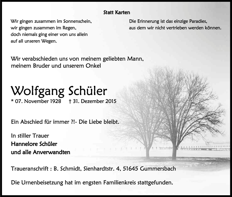  Traueranzeige für Wolfgang Schüler vom 09.01.2016 aus Kölner Stadt-Anzeiger / Kölnische Rundschau / Express
