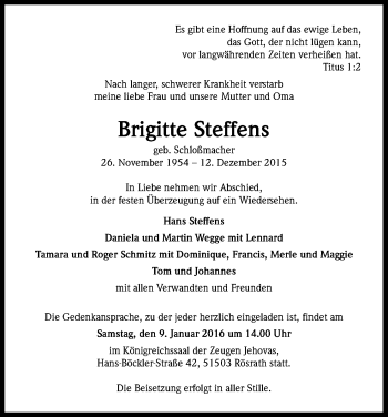 Anzeige von Brigitte Steffens von Kölner Stadt-Anzeiger / Kölnische Rundschau / Express