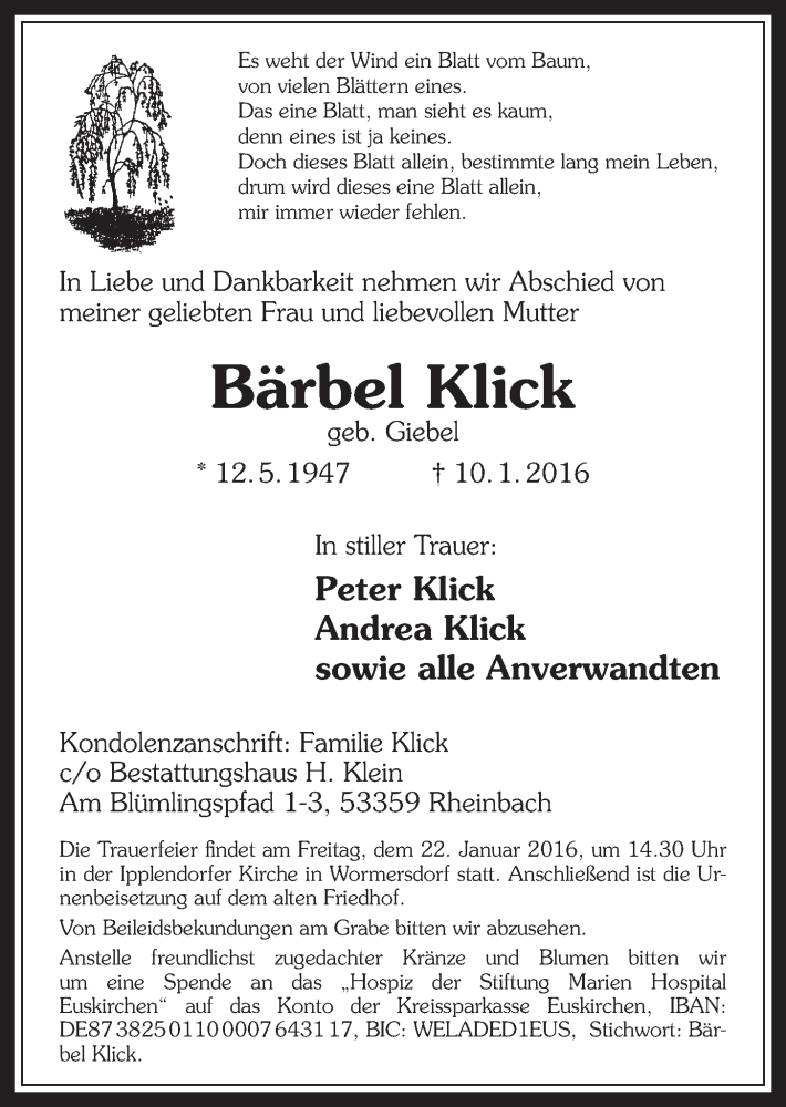  Traueranzeige für Bärbel Klick vom 20.01.2016 aus  Schaufenster/Blickpunkt 