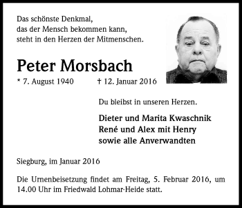 Anzeige von Peter Morsbach von Kölner Stadt-Anzeiger / Kölnische Rundschau / Express