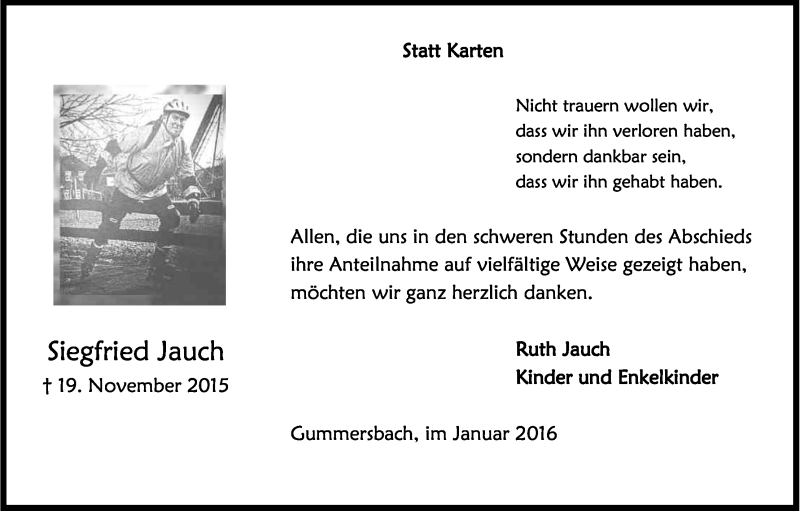  Traueranzeige für Siegfried Jauch vom 09.01.2016 aus Kölner Stadt-Anzeiger / Kölnische Rundschau / Express