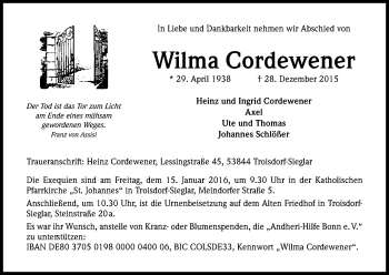 Anzeige von Wilma Cordewener von Kölner Stadt-Anzeiger / Kölnische Rundschau / Express
