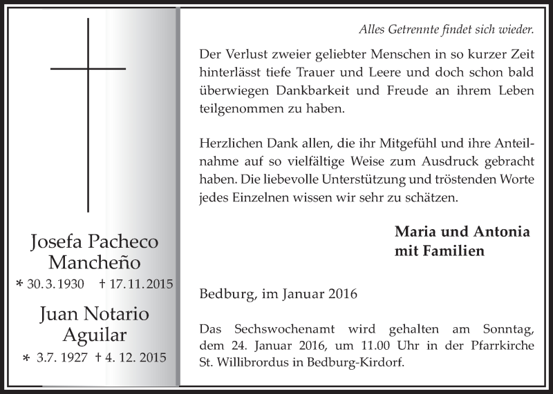  Traueranzeige für Josefa Pacheco Mancheño Juan Notario Aguilar vom 13.01.2016 aus  Werbepost 
