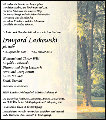 Anzeige von Irmgard Laskowski von Kölner Stadt-Anzeiger / Kölnische Rundschau / Express