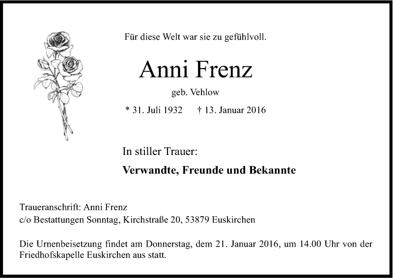  Traueranzeige für Anni Frenz vom 16.01.2016 aus Kölner Stadt-Anzeiger / Kölnische Rundschau / Express