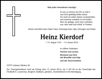 Anzeige von Heinz Kierdorf von Kölner Stadt-Anzeiger / Kölnische Rundschau / Express