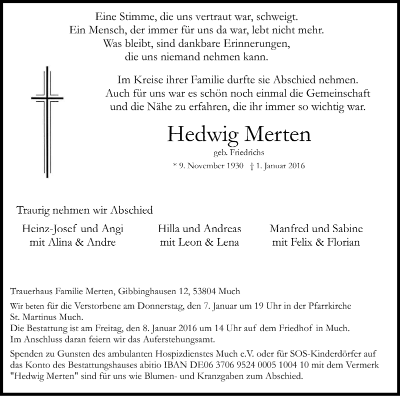  Traueranzeige für Hedwig Merten vom 05.01.2016 aus Kölner Stadt-Anzeiger / Kölnische Rundschau / Express