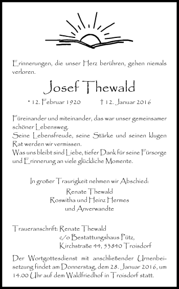 Anzeige von Josef Thewald von Kölner Stadt-Anzeiger / Kölnische Rundschau / Express