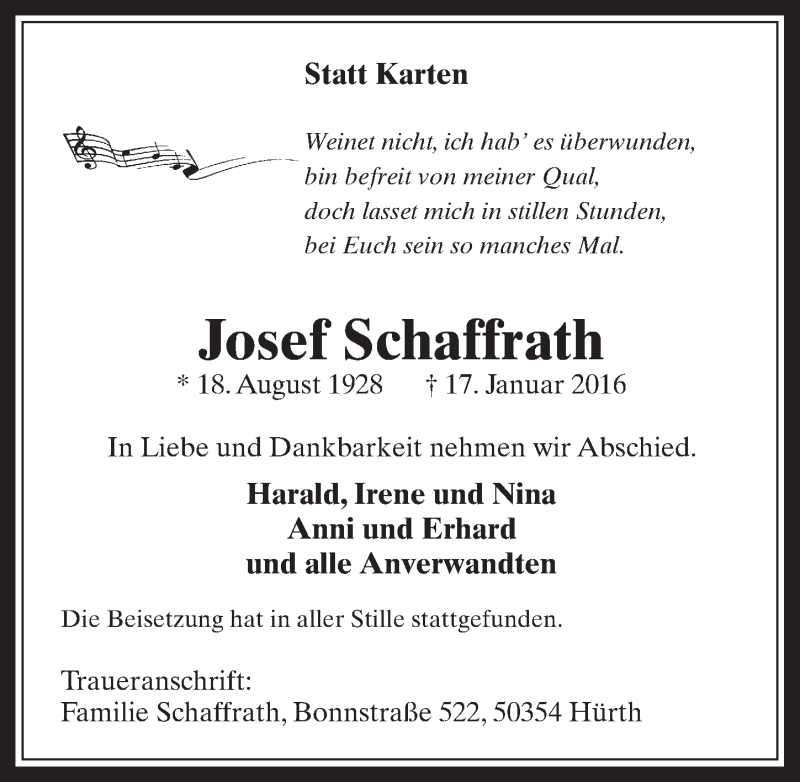  Traueranzeige für Josef Schaffrath vom 27.01.2016 aus  Wochenende 