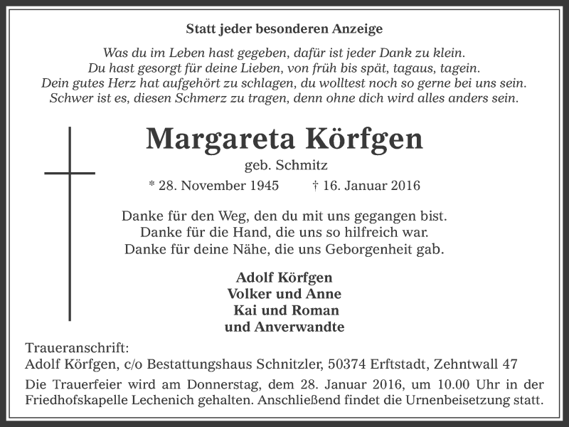  Traueranzeige für Margareta Körfgen vom 23.01.2016 aus  Sonntags-Post 