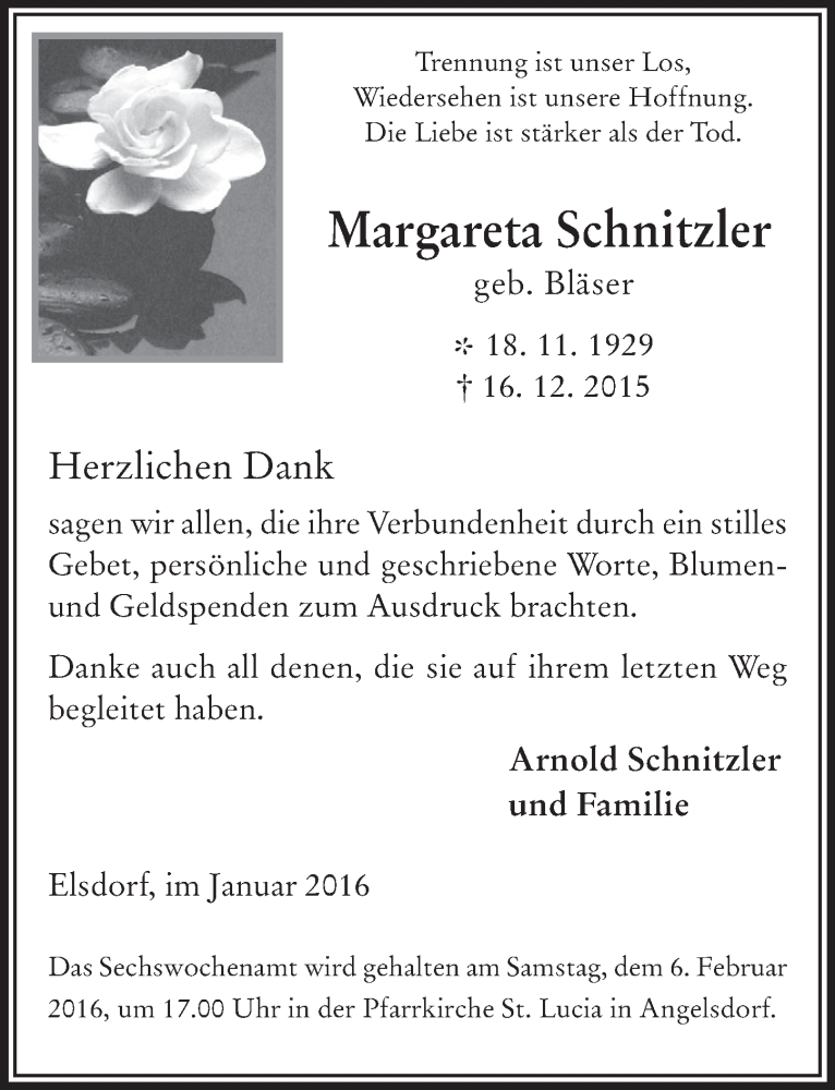  Traueranzeige für Margareta Schnitzler vom 27.01.2016 aus  Werbepost 