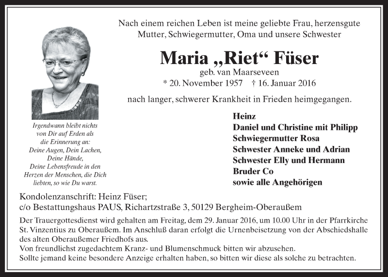  Traueranzeige für Maria  Füser vom 27.01.2016 aus  Werbepost 