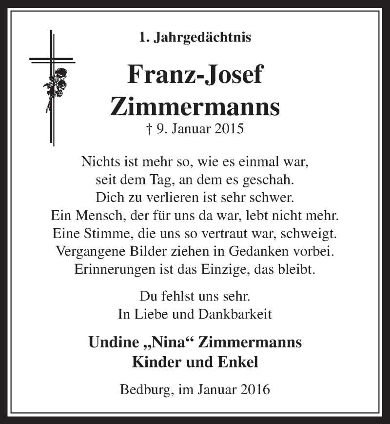  Traueranzeige für Franz-Josef Zimmermanns vom 06.01.2016 aus  Werbepost 
