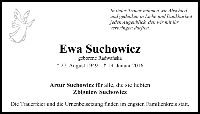  Traueranzeige für Ewa Suchowicz vom 27.01.2016 aus  Kölner Wochenspiegel 