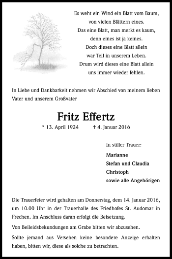 Anzeige von Fritz Effertz von Kölner Stadt-Anzeiger / Kölnische Rundschau / Express