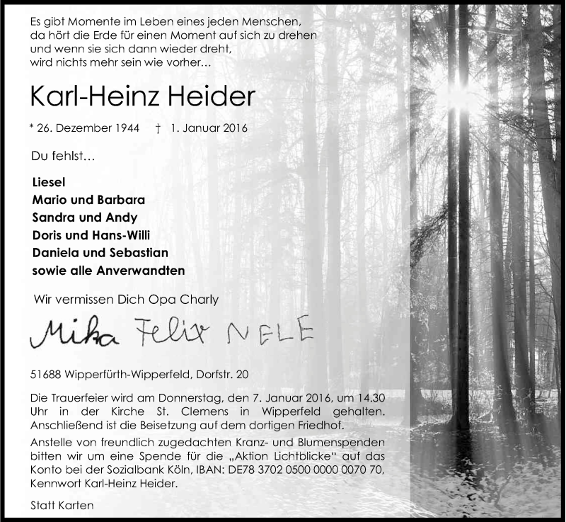  Traueranzeige für Karl-Heinz Heider vom 05.01.2016 aus Kölner Stadt-Anzeiger / Kölnische Rundschau / Express