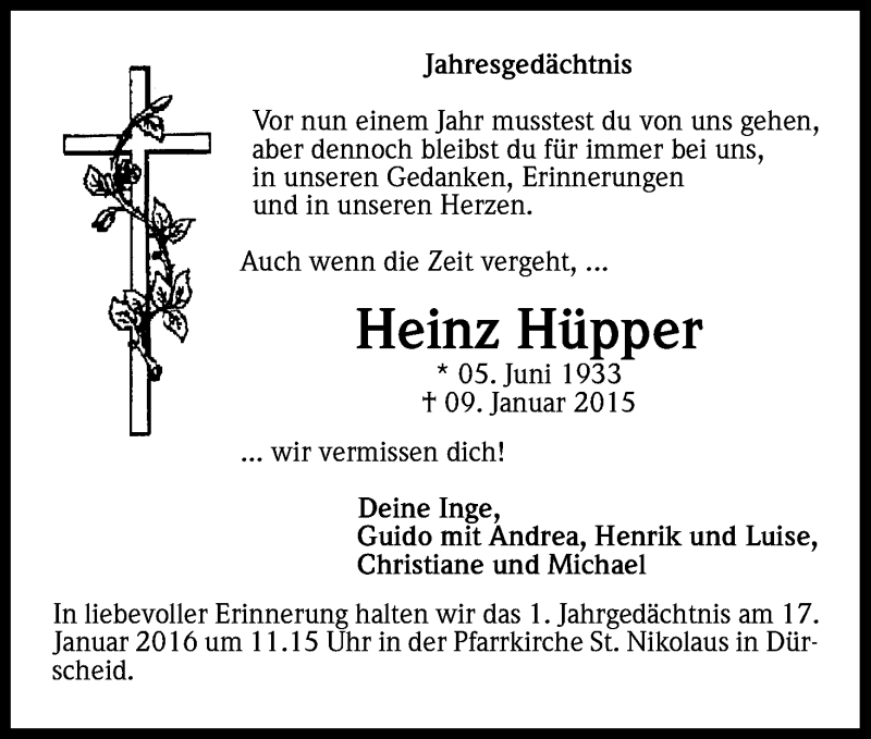  Traueranzeige für Heinz Hüpper vom 09.01.2016 aus Kölner Stadt-Anzeiger / Kölnische Rundschau / Express