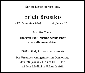Anzeige von Erich Brostko von Kölner Stadt-Anzeiger / Kölnische Rundschau / Express