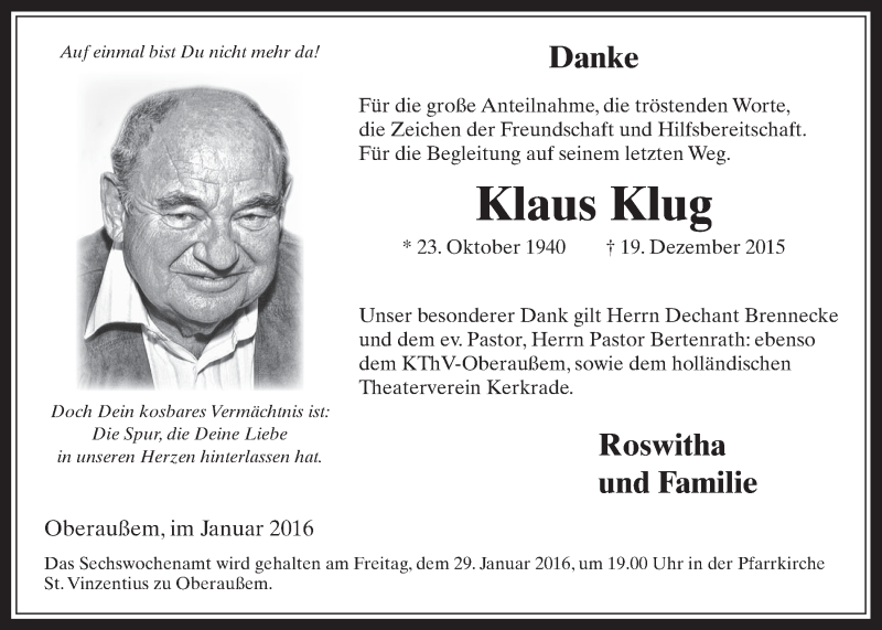  Traueranzeige für Klaus Klug vom 27.01.2016 aus  Werbepost 