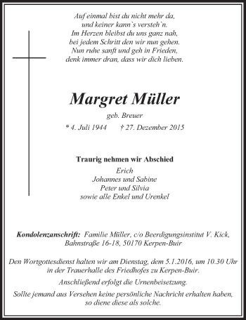 Anzeige von Margret Müller von  Sonntags-Post 