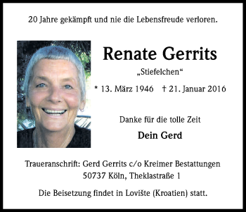 Anzeige von Renate Gerrits von Kölner Stadt-Anzeiger / Kölnische Rundschau / Express